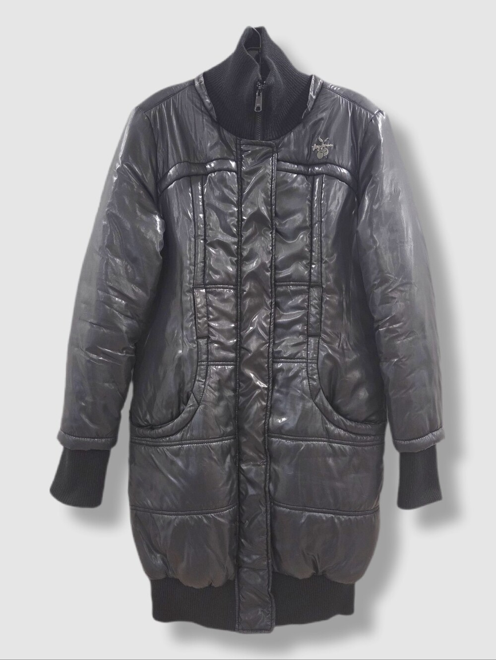 Vintage Y2K Puffer Coat Foxy Jeans | Shiny Charcoal Jacket | Knit Trim Medium